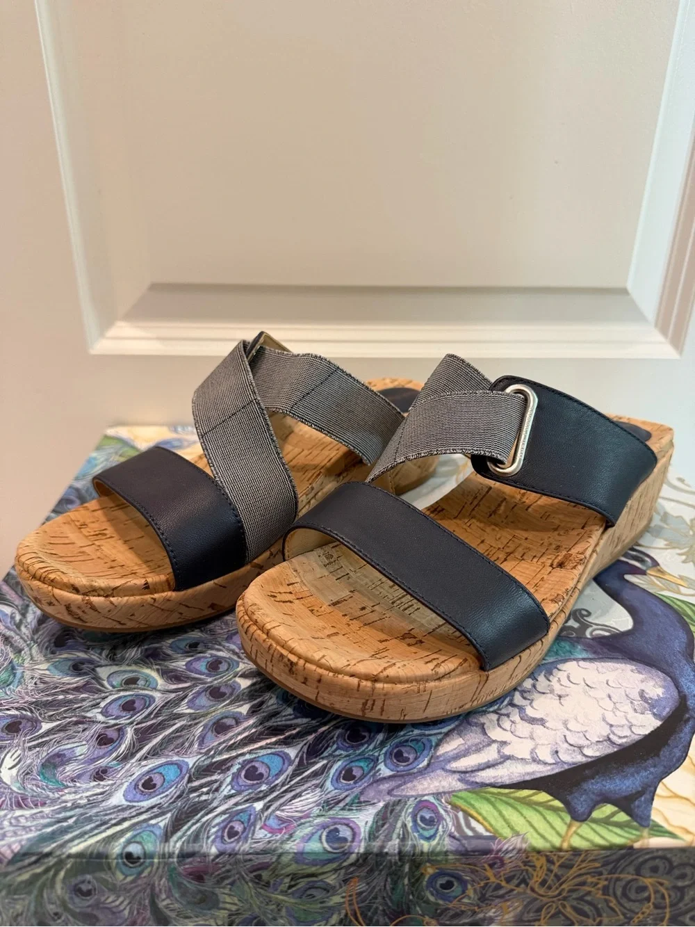 Hush Puppies Coco Cork Wedge Sandals Navy Leather Elastic Size 9